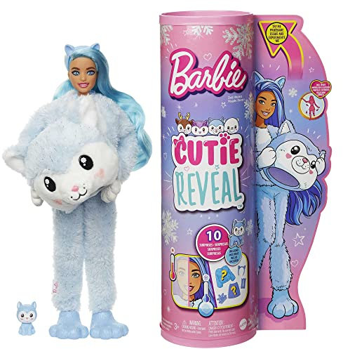 Barbie HJL63 - Cutie Reveal Winter-Schneeflocken Serie-Puppe mit Husky-Plüschkostüm und 10 Überraschungen inklusive kleinem Haustier und Farbwechsel, Geschenk für Kinder ab 3 Jahren
