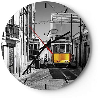 Modern Wanduhr Straßenbahn Portugal Lissabon 40x40cm Rund Groß Wand Uhr Glas Analog Zimmeruhren Küche Büro Wohnzimmer Glasuhr Wall Clock Dekoration Design Wanddekoration Küchenuhr C3AR40x40-4977