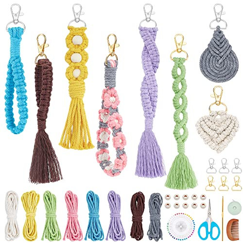 INFUNLY 8 Set DIY Makramee-Armband-Schlüsselanhänger-Kits Für Erwachsene Buntes Makramee-Schnur-Knoting-Kit Boho Makramee Schlüsselanhänger Mit Anleitung Video Für Autoschlüssel-Geldbörse Anhänger