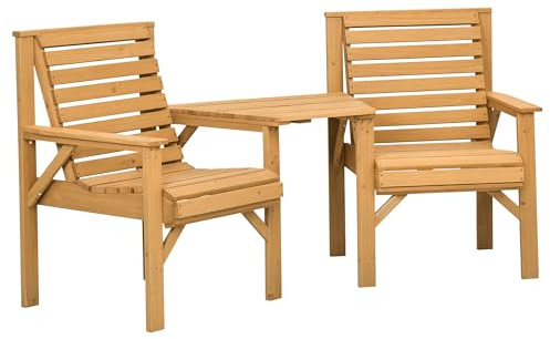 Outsunny Wooden Garden Love Seat, 2 Seater Jack & Jill Companion Seat with Coffee Table and Parasol Hole, Partner Bench, Table and Chairs Set, Outdoor Furniture for Garden, Balcony, Patio, Brown