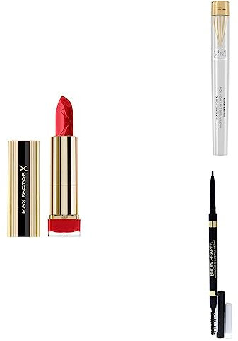 Max Factor Elite Agent look - Colour Elixir Lipstick Ruby Tuesday 715 + Masterpiece 2in1 Lash Wow Mascara, Black + Brow Shaper Deep Brown 30