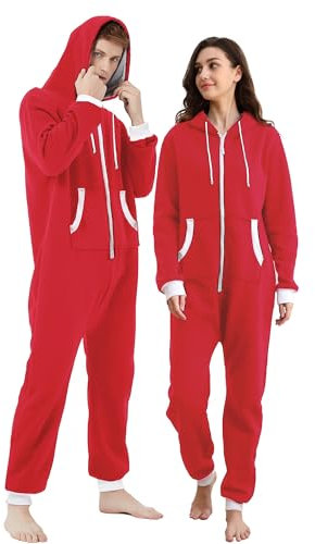 Dodheah Tutina Unisex per Adulti Tuta Comoda Pigiama di Natale con Cappuccio e Cerniera Abiti da Notte Homewear Rosso-Cerniera Bianca-L