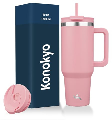 Konokyo 40 oz Tumbler with Handle and 2 Straws,2 in 1 Lid Insulated Water Bottle Stainless Steel Travel Coffee Mug,Pink