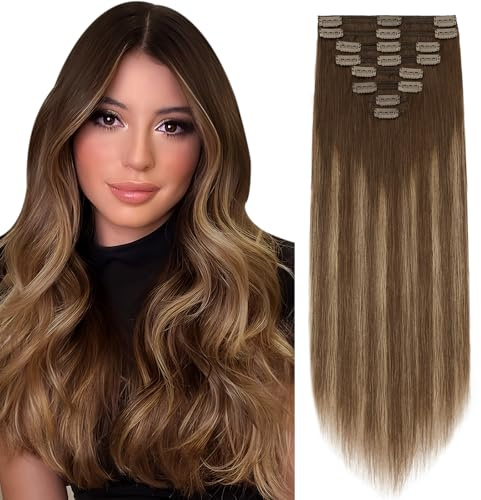 Elailite Clip in Hair Extensions Real Human Hair Balayage Double Weft Thick Remy Natural Hair - 8 Pieces Straight (#Ombre 4/4P27 Midium Brown/Midium Brown Mix Dark Blonde, 16 Inch (130 g))