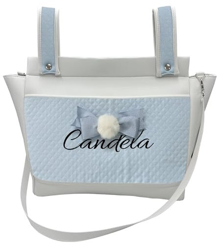 various - Bolso Carro Bebe Polipiel Pañalera Organizador Personalizado con Nombre Bordado Bolsa Maternidad Bolso Hospital Bebé con asa larga para colgar (Blanco/Azul)