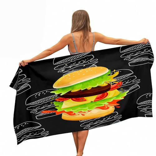 Treer Mikrofaser Handtuch, 3D Hamburger Strandtuch, Schnelltrocknendes Handtuch, Reisehandtuch Leicht, Microfaser Badetuch Groß, Microfaser Handtücher (schwarz,70x150cm)