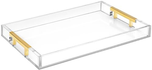 Modern 16x12 Rectangle Acrylic Lucite Plastic Decorative Serving Tray with Gold Polished Stainless Steel Metal Handles Home Decor Ottoman Coffee Table Makeup Perfume Display Vanity By Home Redefined