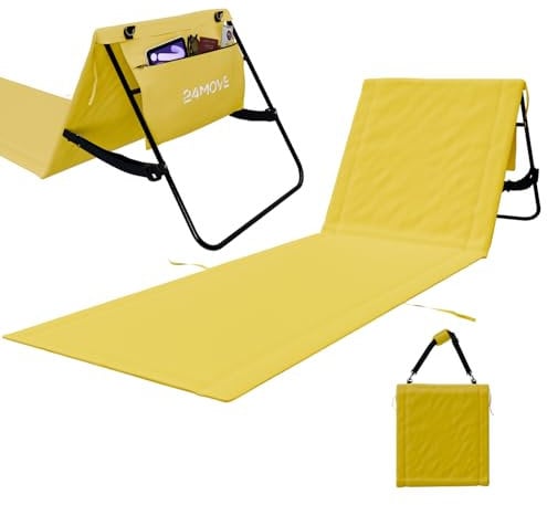 24MOVE® Strandmatte klappbar mit Verstellbarer Rückenlehne, Strandliege faltbar mit Schlaufen, Aufbewahrungstasche, Sonnenliege für Strand Garten, gelb