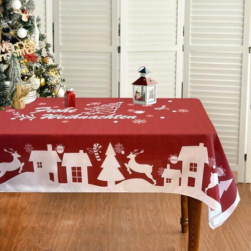 Tucwurl Weihnachtstischdecke, Weihnachten Tischtuch Rot Wasserabweisend, Groß Tischdecken Weihnachten, Rechteckige Abwaschbar Weihnachts Tischdecke, Party Tischdeko (Rot, 130 x 160 cm)