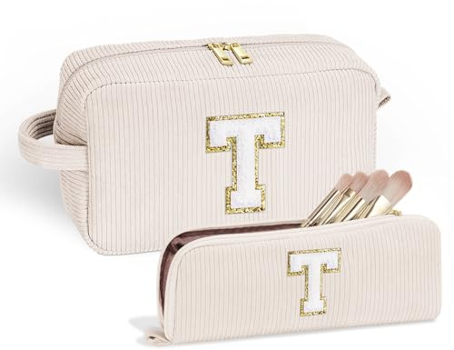 Parima Personalisierte Geschenke für Frauen - Kosmetiktasche Damen Mädchen Cord Make up Tasche Damen Klein Schminktasche Geschenke für Frauen Mädchen Beste Freundin Geschenk Schminktasche Buchstaben T