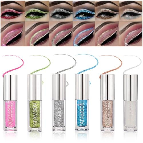 YIBABY Eyeliner Set 6 Farben Wasserfest, Flüssiger Eyeliner, Flüssiger Lidschatten Make-up Set, Glitzer Lidschatten, Glitzer Finish Glattes Schimmer Augen Make-up
