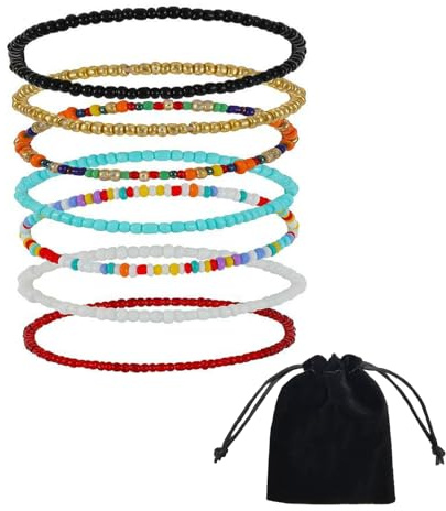 DHWEKU Bracelets de cheville pour femme Bracelets de cheville Boho Perles de riz colorées Bracelets de cheville perlés faits à la main Bijoux de pied multicouches Femmes Filles,lot de 7