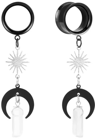DOEARKO Flesh Tunnel mit Moon Anhänger Double Flared Edelstahl Ohr Tunnel Plug Piercing Schmuck 8 mm-16 mm