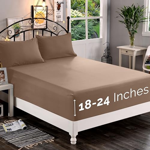 Elegant Comfort 1500 Premium Quality Fitted Sheet Ultra Soft 18-24 Inch Extra Deep Pocket - Single Fitted Sheet for High Mattress - Wrinkle Free with Smart Storage Pockets, King, Taupe