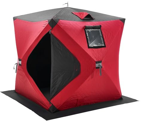 VEVOR Abri de Pêche sur Glace, 1,5 x 1,5 x 1,65 m, Tente de Pêche Escamotable Portable pour 1-2 Personnes, Isolant Thermique, Tissu Oxford, avec Ancres, Cordes, Sac de Transport, pour Pêche Hivernale