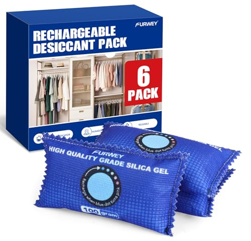 FURWEY 100g [ 6 Packs] Rechargeable Desiccant Packs for Storage, Color Indicating Silica Gel Desiccant Packets, Moisture absorbers for storage, Dehumidifier bag for Closets