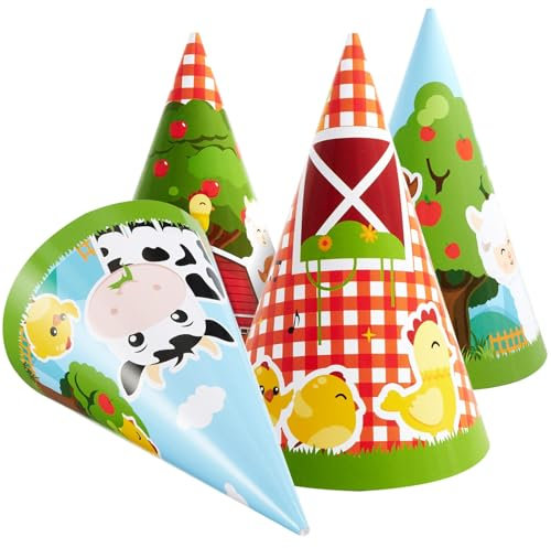 WERNNSAI Farm Party Hats - 12 PCS Barn Animal Party Supplies Colorful Cone Hats for Boys Girls Kids Farm Birthday Headwear