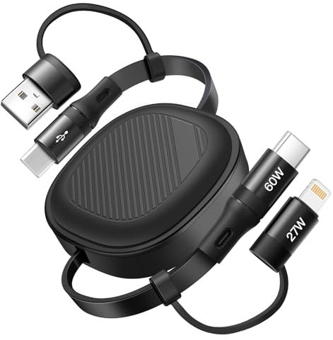 YTLUSN PD60W Cargador USB Multiple 5 en 1 Cable de Carga Retráctil Universal USB A/C a USB C/Lightning sincronización de datos con iphone 16/15/14/13/Android/Tablets/Galaxy/Carplay (1)