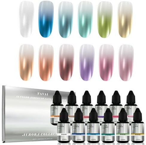 FAVAI Aurora Collection (#A) 12 Farben Airbrush Gel Nail Art in Baby Boomer Nail Polish Air Gel Set 12 luxuriöse Metallic-Töne, inspiriert von Nordlichtern für eine strahlende Nail Art, 12 x 10 ml
