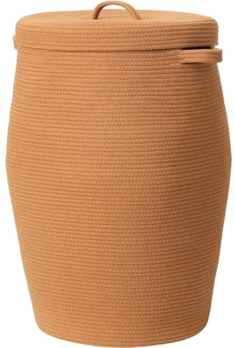 26x20 Handcrafted Tall Cotton Rope Basket with Lid, Stylish Flagon Shape with Cover, Clothes Hamper with Top, for Bedroom and Living Room, All Orange Brown