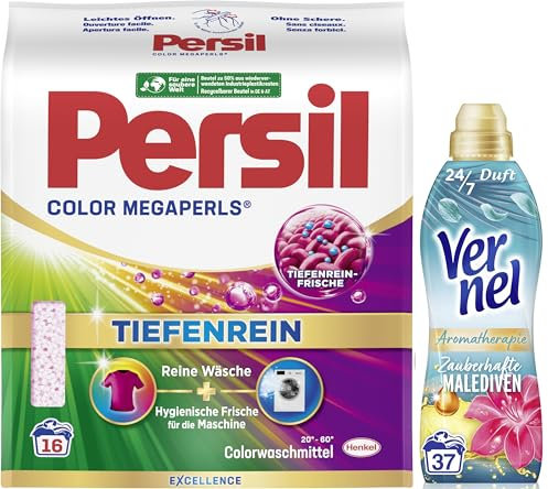 PERSIL Color Megaperls (16 WL) - Colorwaschmittel mit Tiefenrein-Frische - für reine Wäsche & hygienische Frische - 20 °C bis 60 °C & VERNEL Aromatherapie Zauberhafte Malediven Weichspüler (37 WL)
