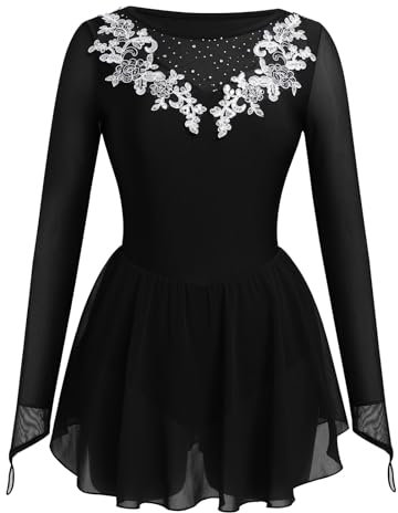 FYMNSI Damen Tanzkleid Eiskunstlauf Kleid Langarm K�rkleid Rollkunstlauf Wettbewerb Tanzanzug mit Strass Blumen Mesh Chiffon Rock Ballettkleid Gymnastik Leotard Turnanzug Tanzkost�m Schwarz L