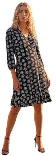 Roman Wrap Tea Dress for Women UK Ladies Fit Flare Skater Swing Stretch Frill Long & Short Sleeve Evening Cocktail Party Work Office Smart Casual Knee Length
