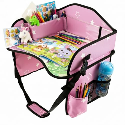 Harupink Kinder Reisetisch Kindersitz Spiel,Wasserdicht Kinder Knietablett Reisetisch mit Verstellbarer Schultergurt,Spieltisch Autositz Tisch für Reise gadgets,Auto,Flugzeug,Bahn(Rosa)