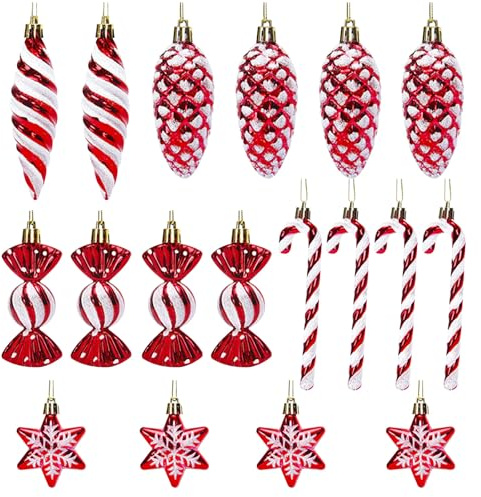 18 Stück Christbaumschmuck Set, Weihnachtskugeln Zuckerstangen Deko | Glitzer Weihnachten Deko Rot und Weiß Weihnachtsanhänger Weihnachtsbaum Deko