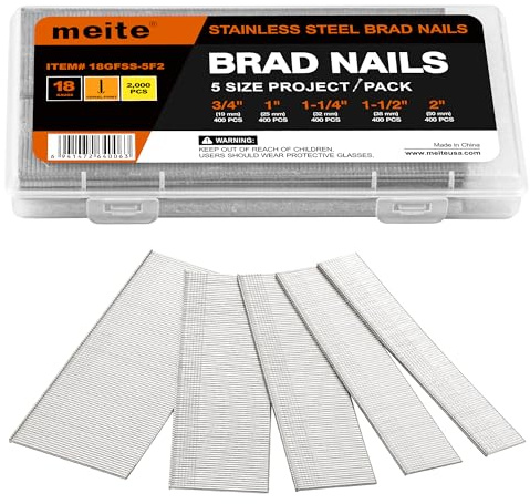 meite Chiodi senza testa in acciaio inox calibro 18, assortiti 5 misure (3/4, 1, 1-1/4, 1-1/4, 1-1/2, 2) Chiodi universali per chiodatrici pneumatiche, elettriche 18GA, confezione multipla da