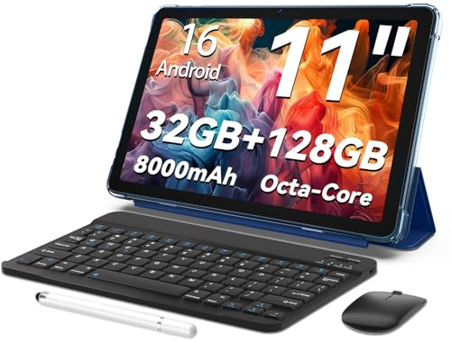 Tablette Android 16,tablette 11 pouces,32 Go + 128 Go extensible à 1 To, pack productivité avec housse clavier, stylet, processeur octa-core, double caméra, WiFi 6, batterie 8000 mAh (Bleu)