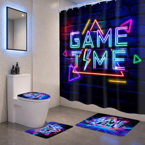 Kids Shower Curtain with Rugs Boys Kids Neon Game Gaming Cool Bathroom Sets | waterproof shower curtain,Bath Rug,Toilet Lid Cover,U Shape Mat