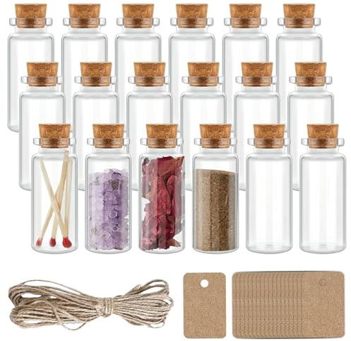 HIGA-JKL Mini Glasflaschen mit Korken,18 Stück 40ml für Gewürze DIY Deko | 18 Stück 40ml,klares robustes Glas,vielseitig befüllbar,inkl. Etiketten Hanfseil, für Küche DIY Hochzeit