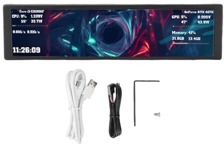 Plyisty 9,2-Zoll-Zweitbildschirm für Computer, 1920 x 462 FHD IPS-Display für PC-Gehäuse, Überwachung der CPU- und GPU-Temperatur, Typ C/4-polig verkabelt, dynamische Videothemen (Black)