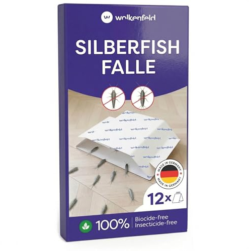 Wolkenfeld Trampa Pececillos de Plata con Cebo Natural Adhesivo – Monitorización en Baño y Cocina – Anti Pececillos de Plata 100% Sin Insecticida – Fabricado en Alemania – 12 Láminas