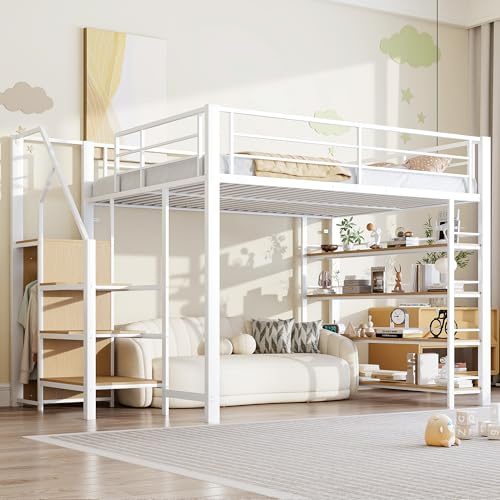Zravenna Hochbett 140x200cm mit Sicherheitstreppe, kleinem Kleiderschrank und Ablagefläche, Metall Kinderbett Jugendbett mit hohes Zaundesign, Eisenrahmen, MDF&Metall (H-Weiß, 140x200cm)