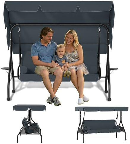 TATIVALO Hollywoodschaukel 3 Sitzer mit Liegefunktion, 2-in-1 Grau Gartenschaukel mit Verstellbarem Sonnendach, Sitzpolster, Pillows & Getränkehalter, Outdoor Schaukelbank Kann lügen