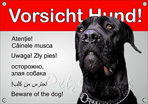 Petsigns Hundeschild Cane Corso - Vorsicht! - in 6 Sprachen - haltbares Metallschild, DIN A4