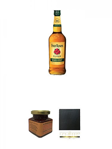 Four Roses Straight Bourbon 0,7 Liter + Kentucky Bourbon Himbeer-Marmelade 150 Gramm Glas + Schiefer Glasuntersetzer eckig ca. 9,5 cm Durchmesser