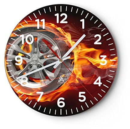 Modern Wanduhr Rad Flammen Felge 30x30cm Rund Klein Wand Uhr Glas Analog Zimmeruhren Küche Büro Wohnzimmer Glasuhr Wall Clock Dekoration Design Wanddekoration Küchenuhr C4AR30x30-0198