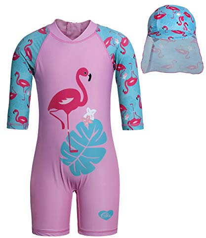 AmzBarley UV Sun Protection Swimwear Kids Girls Flamingo Swimsuit Childs 1/2 Sleeves Rush Guard Swimming Costume Bathing Suit, Pink, 5-6 Years(Tag 6/Height 115-125cm)