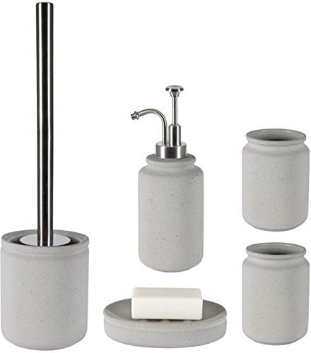 Spirella Badezimmer Set, 5-teiliges Badzubehör aus Keramik Cement Seifenspender, WC Bürste, Seifenschale, Aufbewahrungsdose und Zahnputzbecher Grau