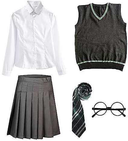 FStory&Winyee Zauberer Set Bluse Rock Weste Krawatte Brille Kostüm Zubehör für Kinder Erwachsene Zubehör Set Striped Tie Gestreifte Krawatte zum Karneval Fasching Halloween,2 Weiblich-grün,M