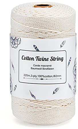 Makramee Garn 2 mm x 220 m Natürliche Baumwolle Garn, Beigefarbenes Kordelseil zum DIY Dekoratives Basteln Wand Aufhängung Pflanze Aufhänger Häkelgarn, Häkel Strickgarn- Beige