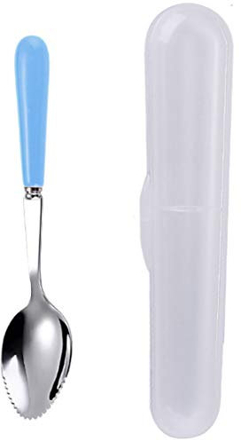 Goeielewe Cucchiai per pompelmo con bordi seghettati rotondi per agrumi, kiwi e dessert, manico in ceramica, cucchiaini da dessert in acciaio inox con scatola portaoggetti (blu)