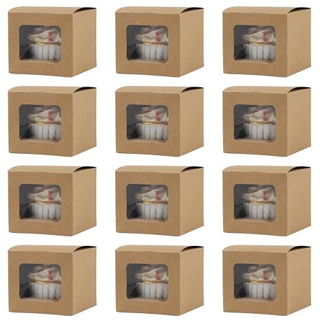 Komonee 50 x Cupcake Boxes Individual Kraft Brown Single Fairy Cup Cake With Clear Window Cardboard Packaging Box Baking Kids Muffins Cookies Brownies Christmas Bake Weddings