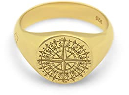 Herren Ring Gold Kompass Siegelring rund Gravur 925 Sterling Silber vergoldet massiv glänzend maritim | Männerschmuck mit Geschenkverpackung (62)