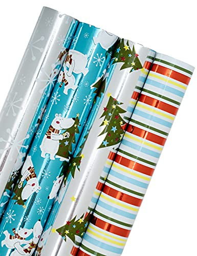 RUSPEPA Ruspepa Rouleau De Papier D'Emballage De Noël - Collection De Vacances D'Arbre De Noël Bleu Et Argent Avec Éclat Métallique - 4 Rouleaux - 76 X 305 Cm Par Rouleau