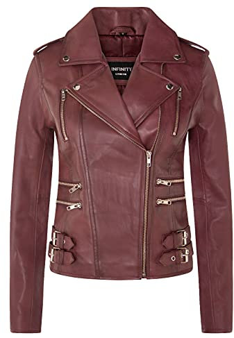 Ladies Retro Burgundy 100% Nappa Leather Biker Jacket S