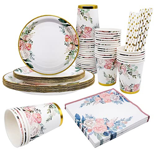 AMJKEJI 80 Stück Blumenmuster Sorgen Partygeschirr Set, 20 Gäste Einweggeschirr Papier Set Pappteller, Pappbecher, Servietten und Papierstrohhalme für Geburtstag, Babyparty, Hochzeitstag, Brautdusche